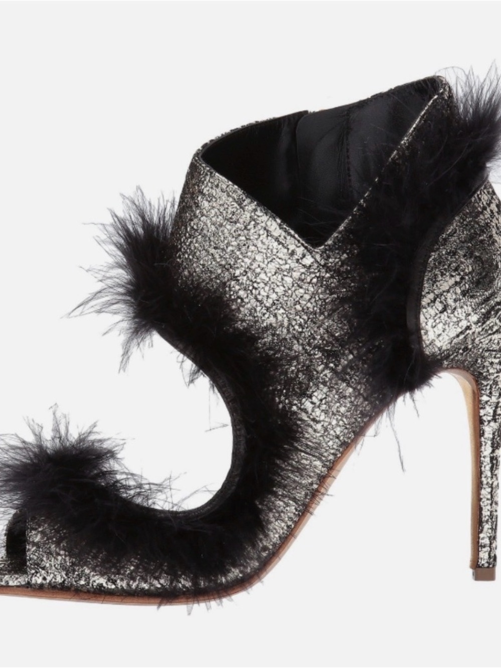 Rupert Sanderson Silver Metallic Feather-Trim Peep-Toe Stiletto